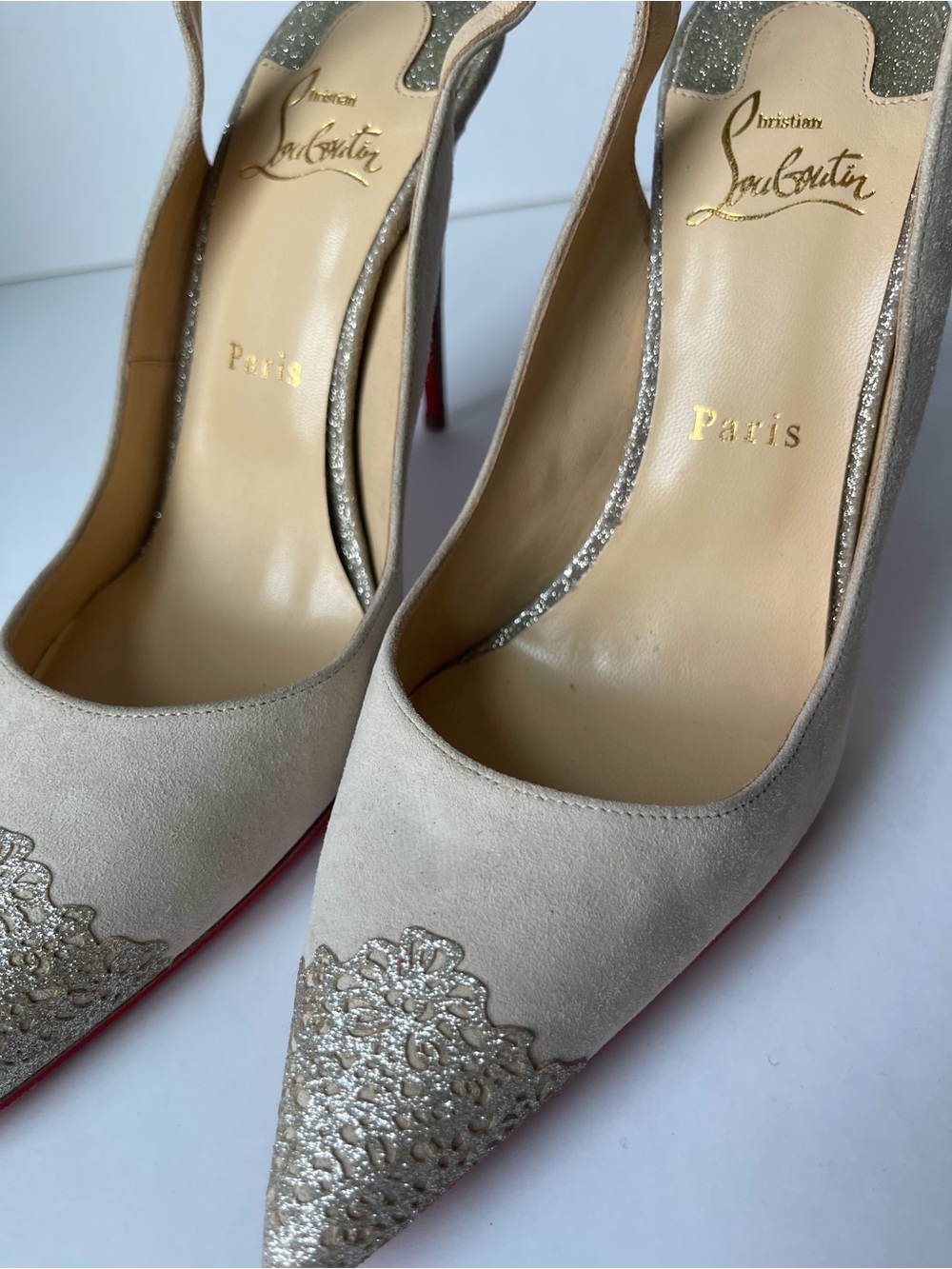 Christian Louboutin Almine 100 Suede Glitter toe pump in ivory